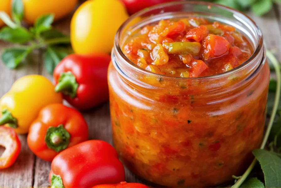 Close-up view of homemade red and yellow bell pepper relish in glass jar with fresh peppers and herbs