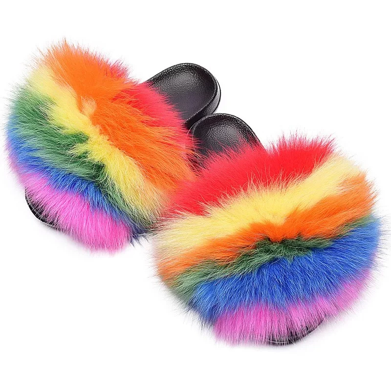 

Manufacture good quality faux fox fur slides fur women slippers slide sandal fur, Customized color