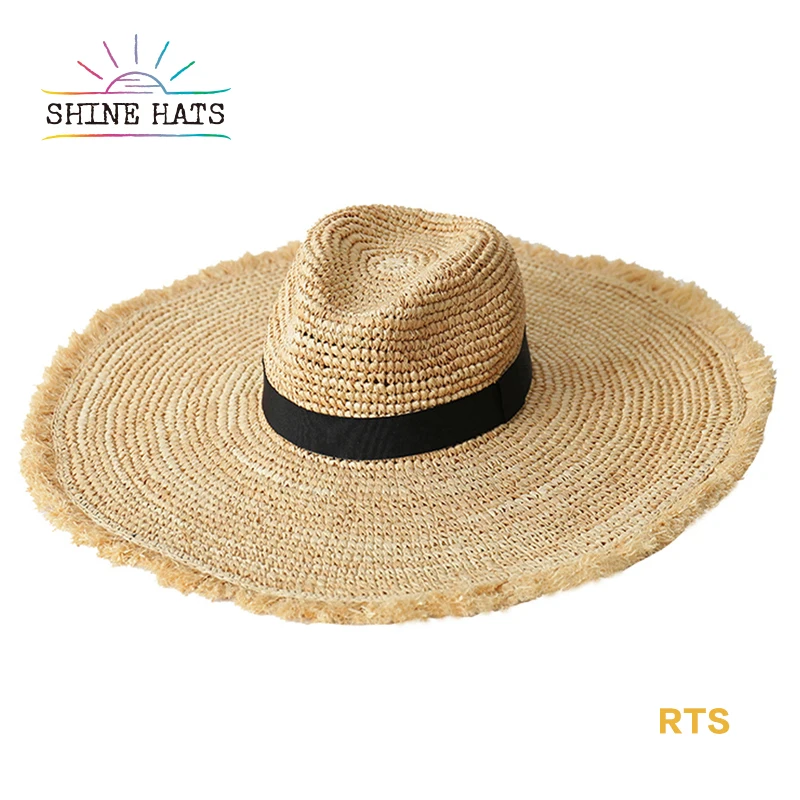 

2021 Wholesale Vintage Summer Sun Beach Hat Fringed Raffia Crochet Straw Hat Natural Ladies Excellent Plain Flat Wide Brim Women