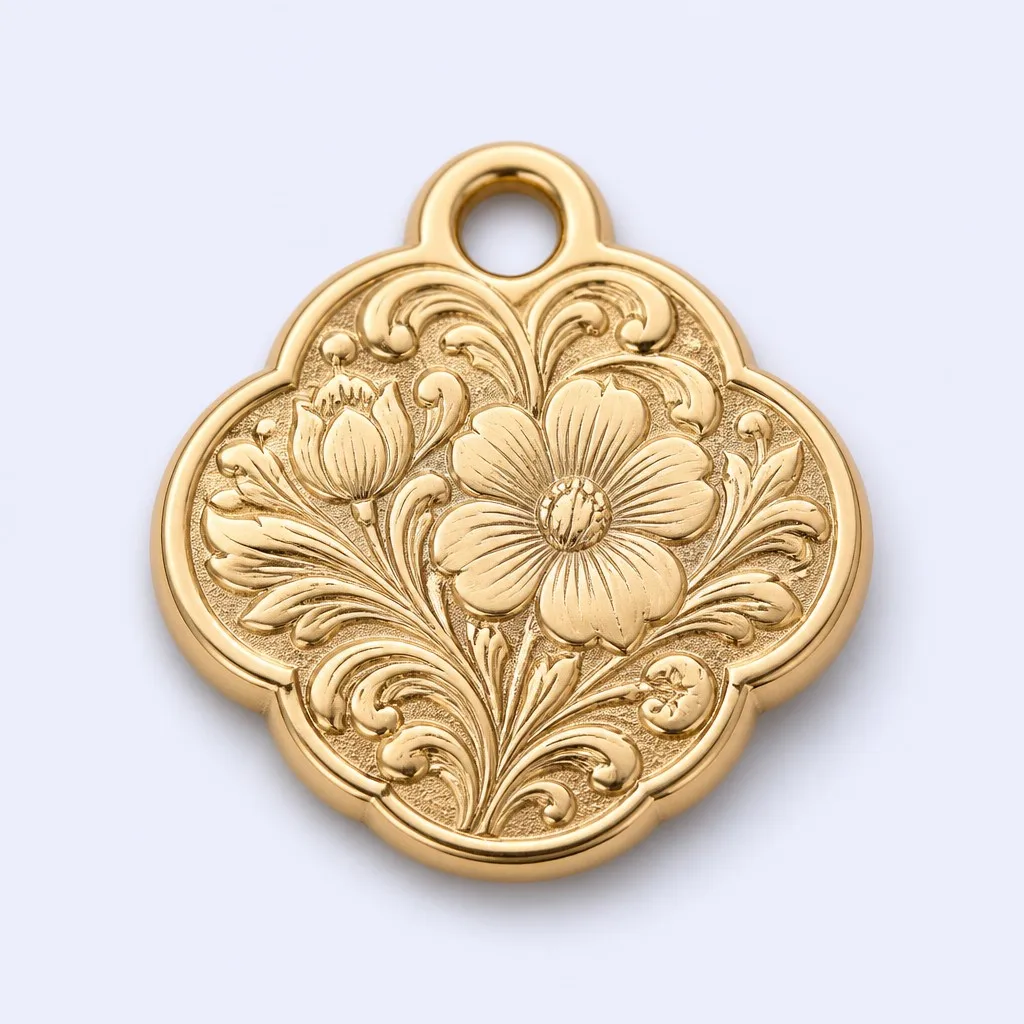 Close-up of fine engraved detail on keychain