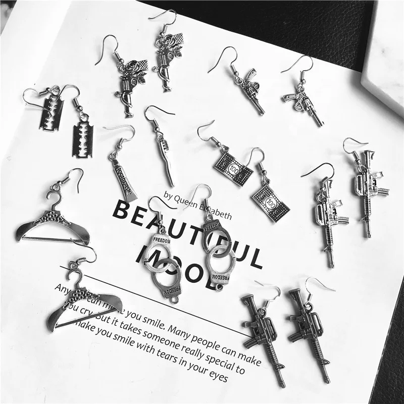 

Personality Gun pendant earring Women Handcuffs Razor Blade Shaped Pendant Earrings DIY hanmade dollar pendant charms earring, Silver