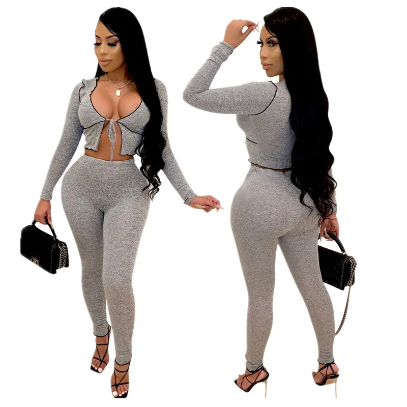 

Sexy Strappy Slim Solid Color Hollow 2 Piece Outfit Woman Two Piece Pants Sets, As picture