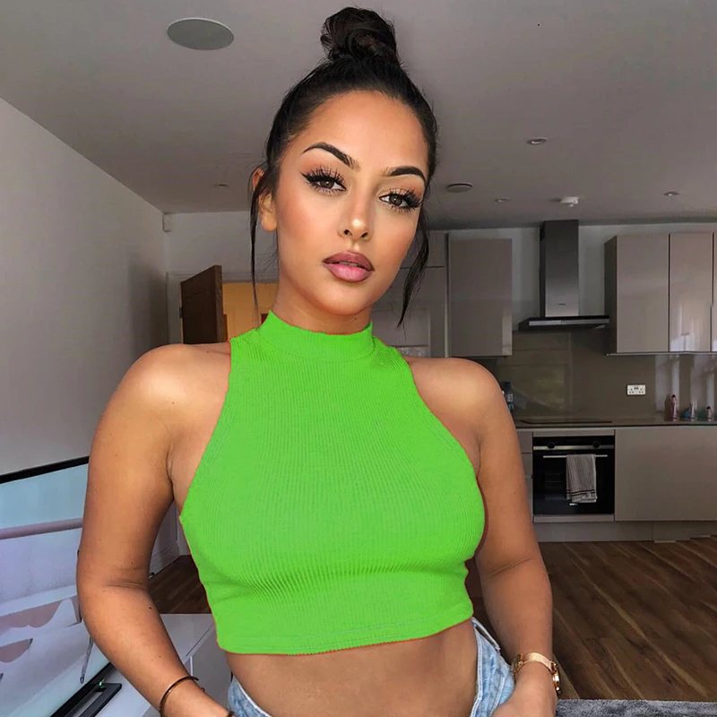 Streetwear Neon Green Bodycon Festival Ribbed Summer Casual Vest Slim Basic Cropped Tank Top For Women