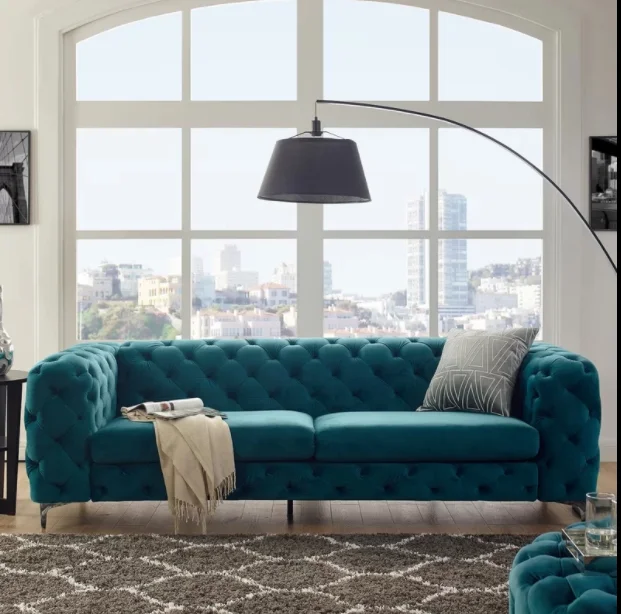 Living Room Furniture Classic Fabric Sectional Green Velvet Chesterfield Sofa