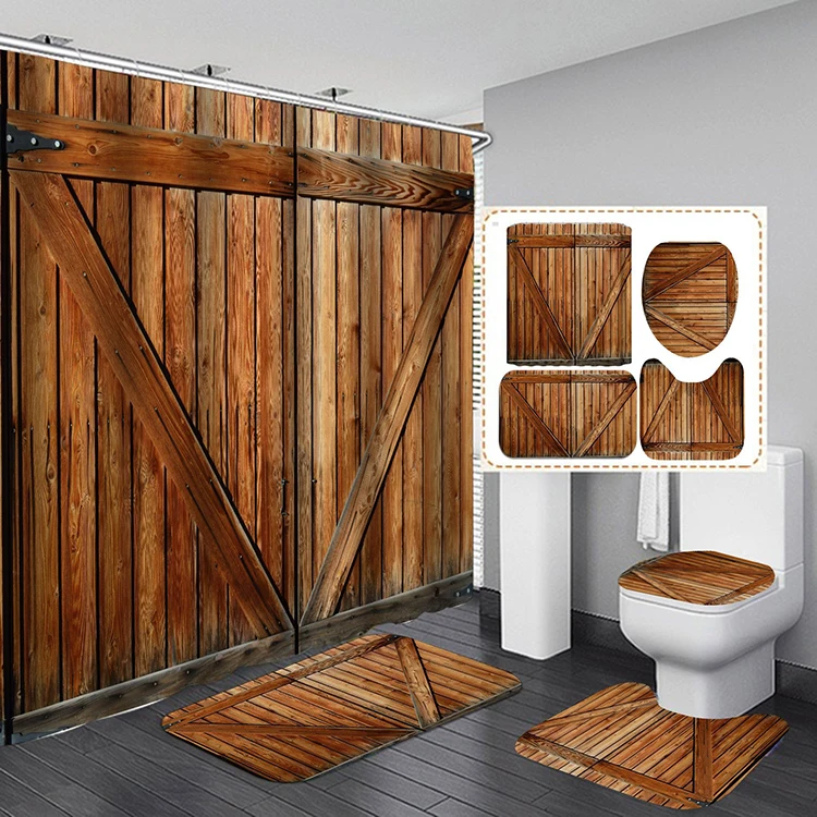 

Farmhouse Bath Decor Polyester Fabric 180x180 Rustic 3D Wood Shower Curtains 4pcs with Rugs