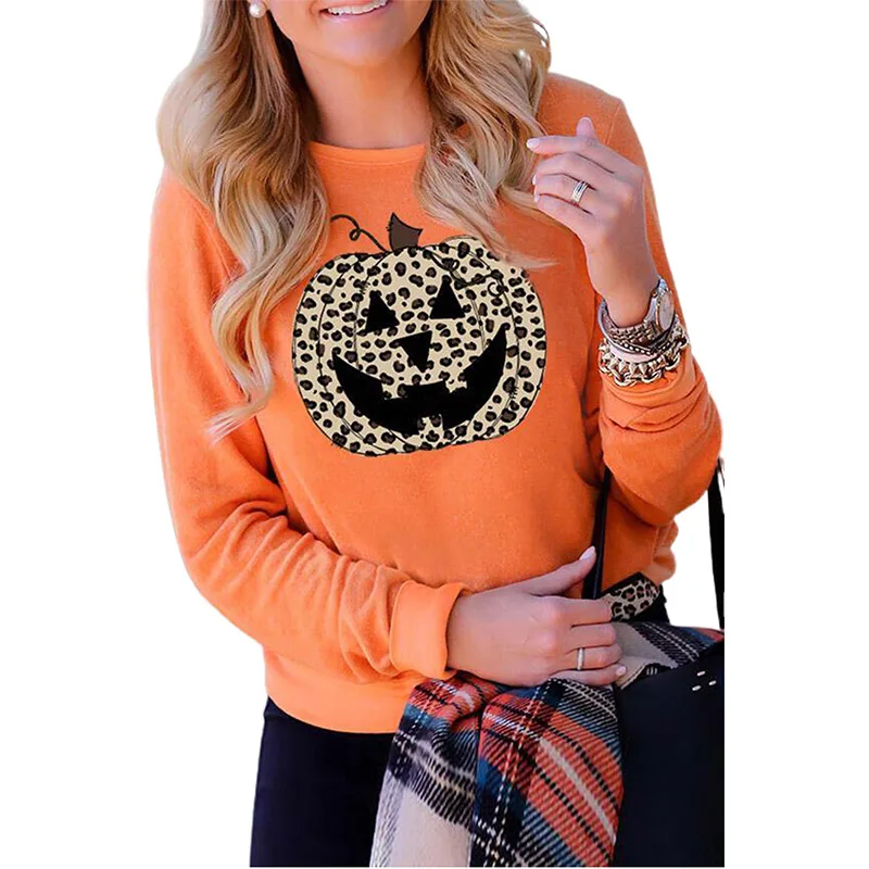 

Halloween New Arrivals Leopard Pumpkin Pullover Crewneck Graphic Women's Sweatshirt