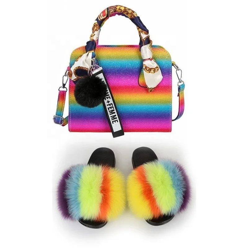 

Women Shoes Furry Slides And Purse Real Fox Fur Rainbow Sandles With Matching Purses Fluffy Slippers For Woman With Bag Match, 16colors