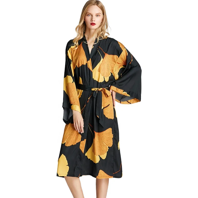 

Good quality custom silk black floral satin kimono robe for fat women