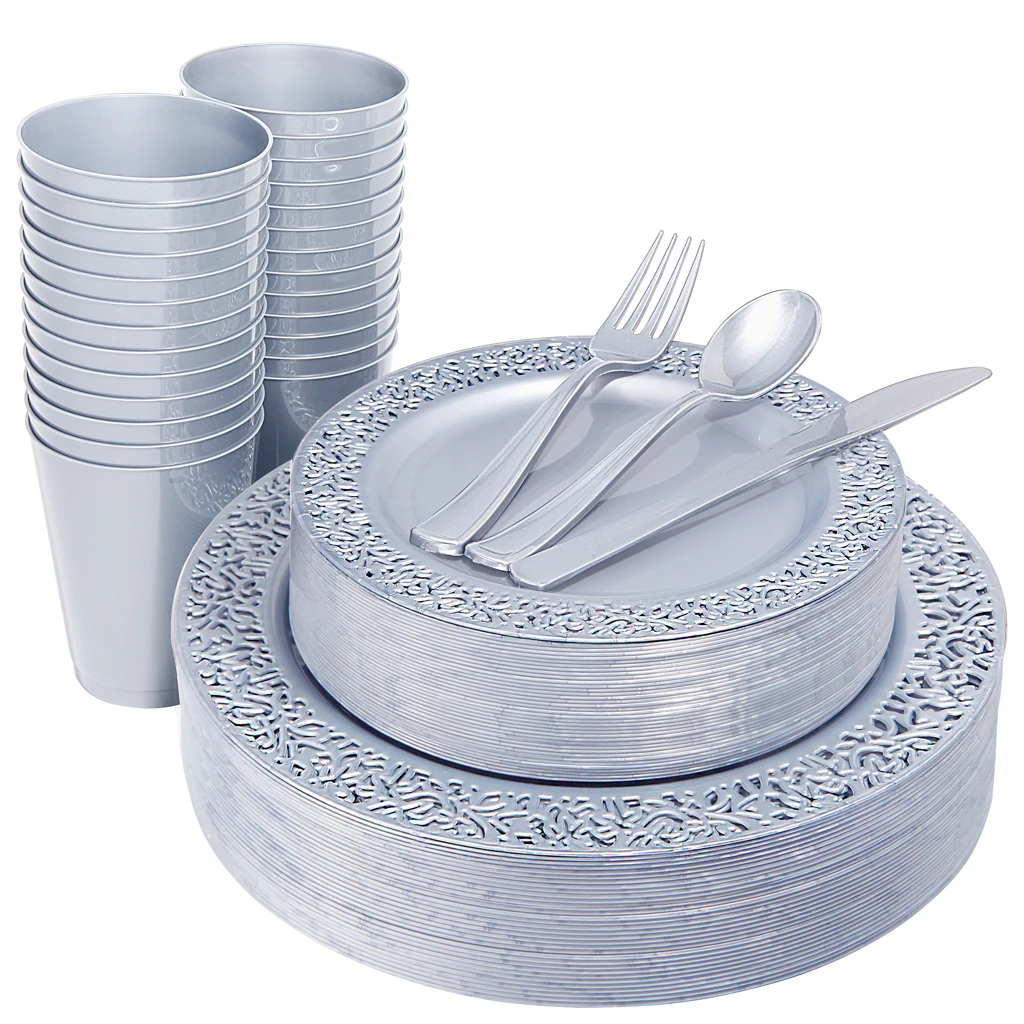 150pcs Solid Silver Lace Design Disposable Plastic Dinnerware Set Buy