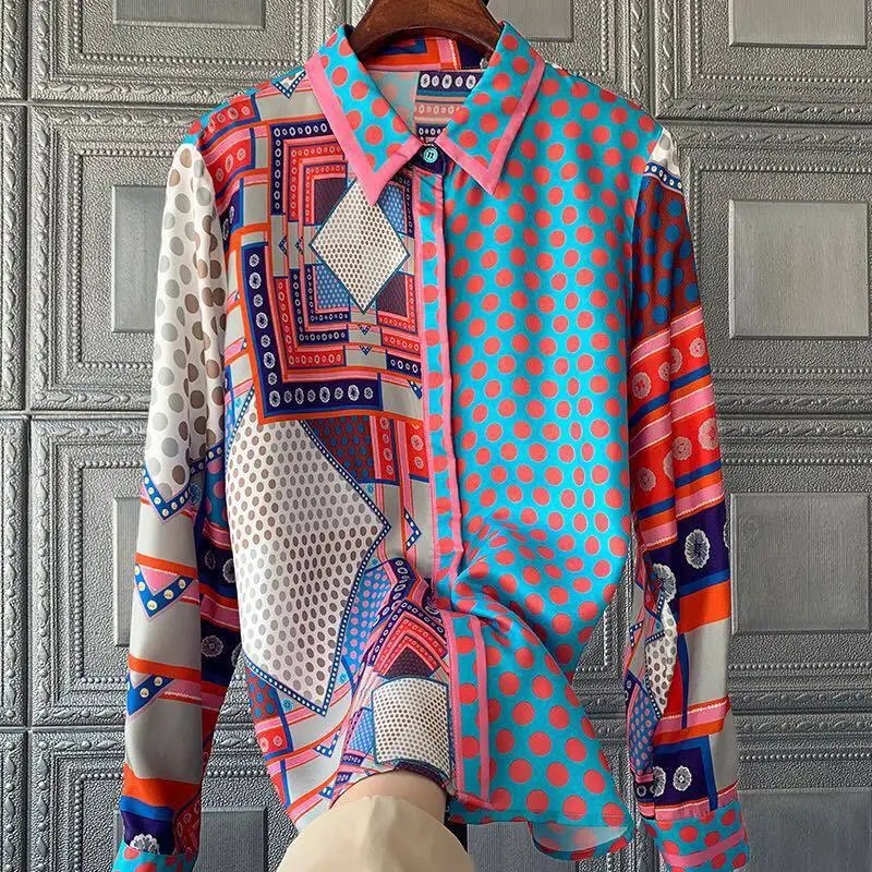 3XL Shirts Blouses Vintage Print Long Sleeve Turn-down Collar Women Blouse Top Lapel Blusas Mujer Elegantes Juveniles