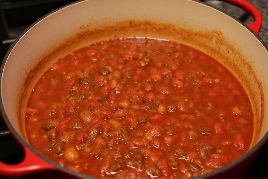 Slow simmering chili in Dutch oven showing rich, thick consistency