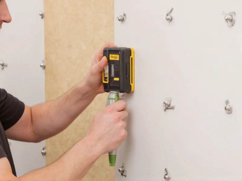 Stud finder locating wall studs for secure shelf mounting