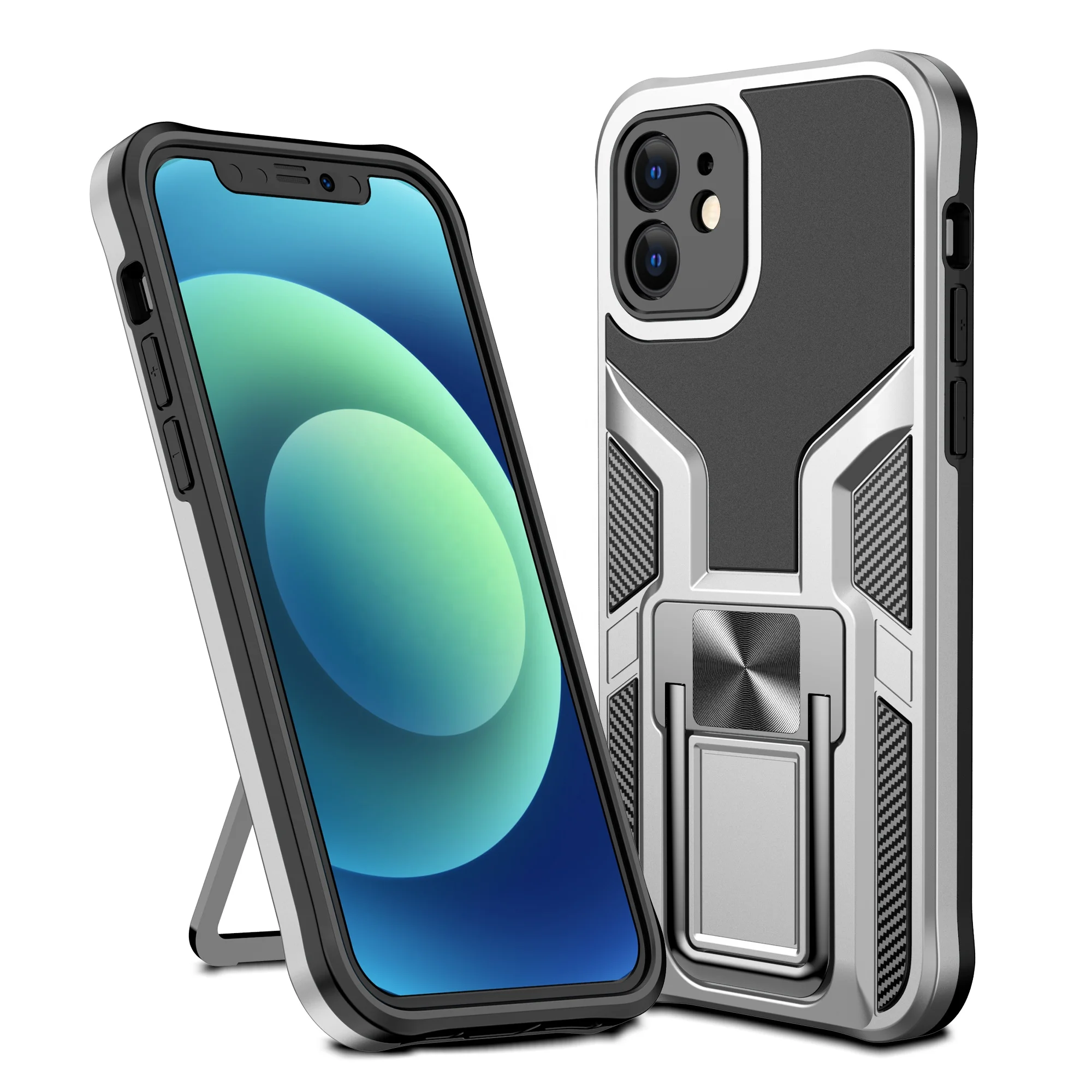 

Factory Price TPU PC 2 in 1 Cell Phone Case with Metal Kickstand Car Mount Shockproof Mobile Back Cover for iPhone 12 12 Pro, Multi colors