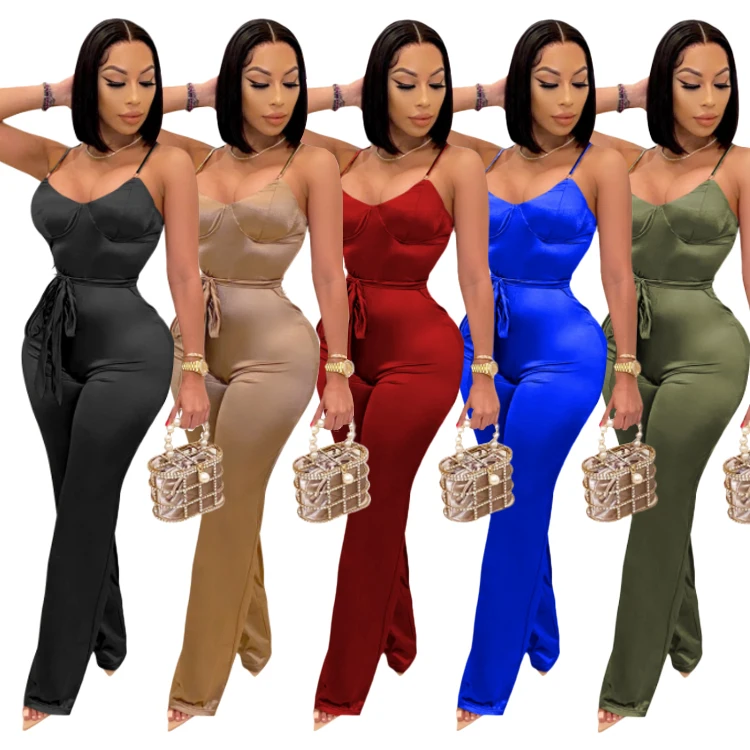 

Summer solid custom Logo jumpsuits v neck jumpsuit elegant with belt wide leg pants tank tops bodycon One Piece Jumpsuit, Black,khaki,red,blue