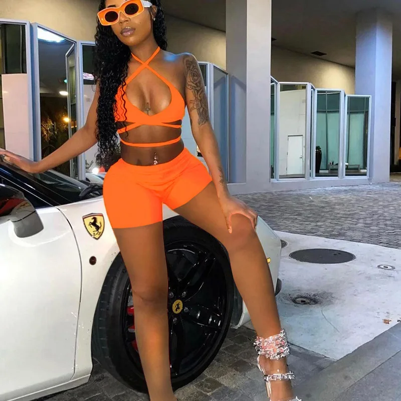 

2021 Summer Clothing Cross Halter Bikini 2 piece Short Set Holiday Beach Sporty Women Two Pieces Sets