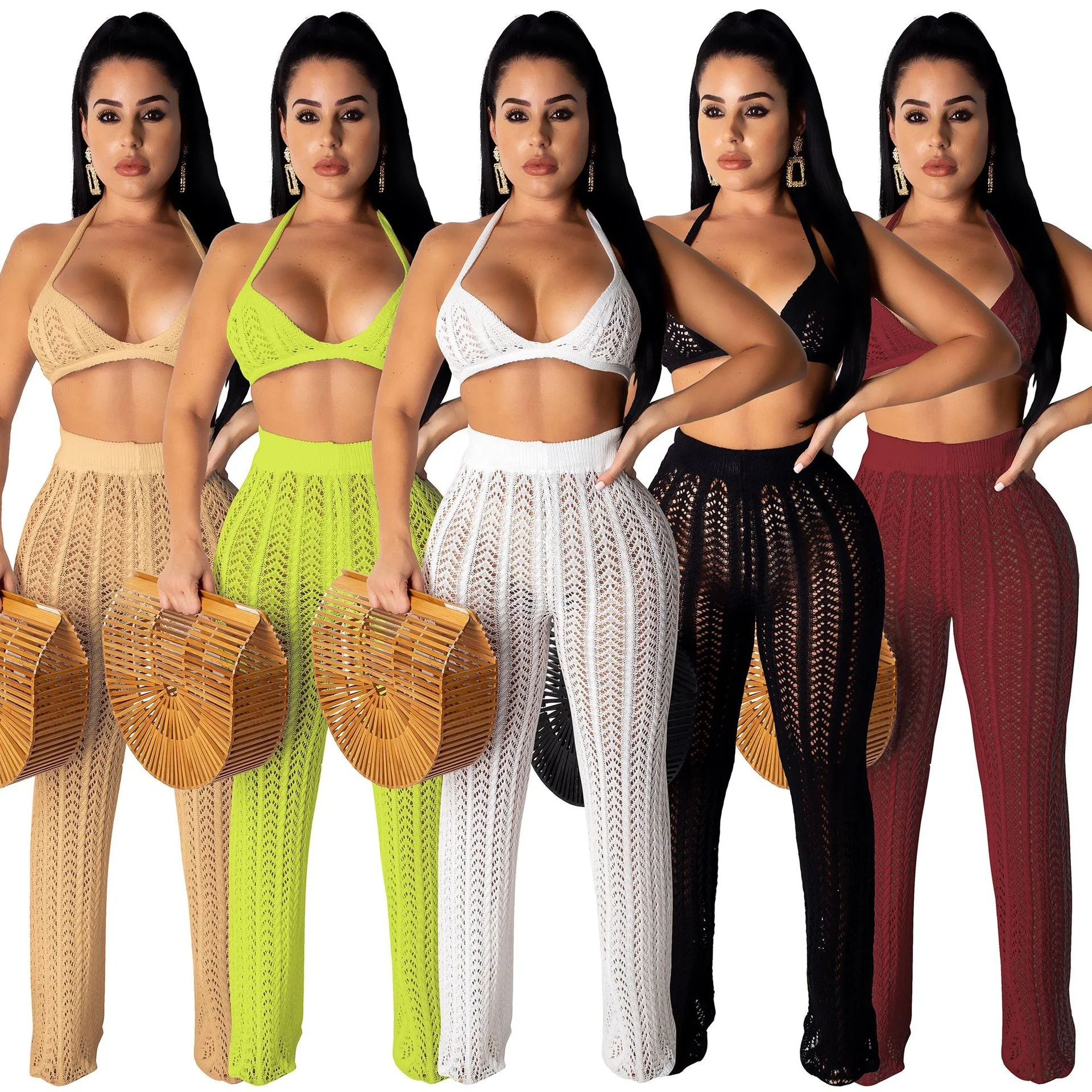 

Summer Women's Clothing Grid Hollow Perspective 2 Piece Set Women Bra Trousers