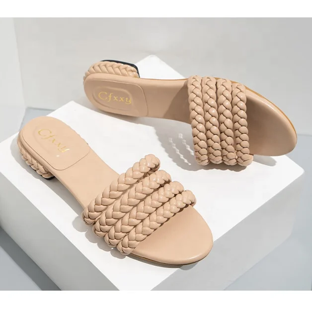 

2022 New Fashion Style Weave Sponge Women Sandals Summer Beach Flat Women's Slippers Ladies Casual Slides Slippers For Woman, Black, grey, pink, beige, khaki