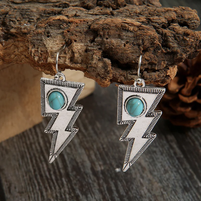 

Vintage Style Antique Silver South Texas Cowgirl Bolt turquoise Dangle Earrings
