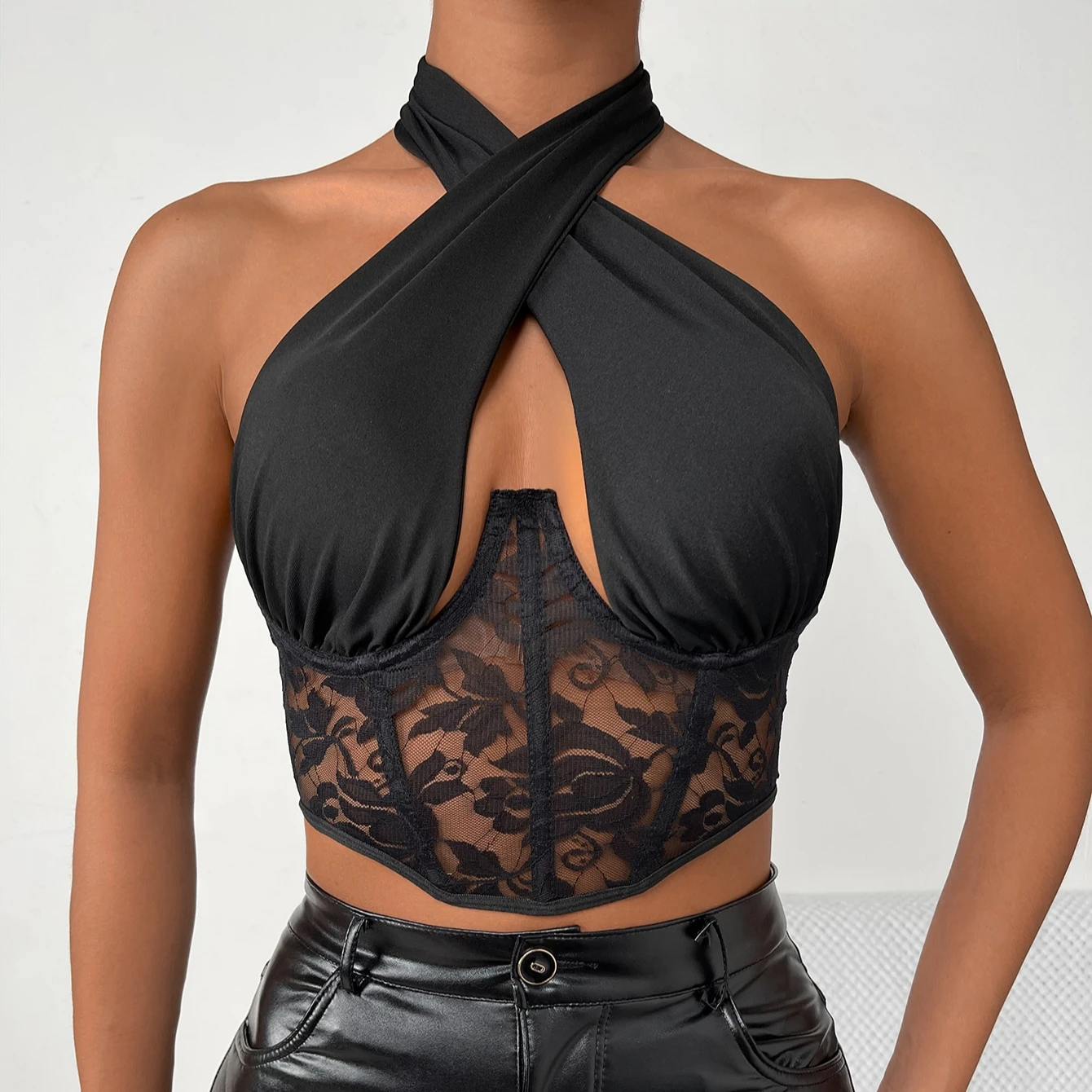 

Sexy Hot Girl Lace Bandage Fish Bone Tank Top Strappy Cross Over Front Cut Out Halter Neck Sleeveless Backless Crop Top, Black