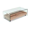 Hot Sale home furniture 2 Tiers clear bent glass coffee table/tea table/centre table with movable MDF 4 storage grids base