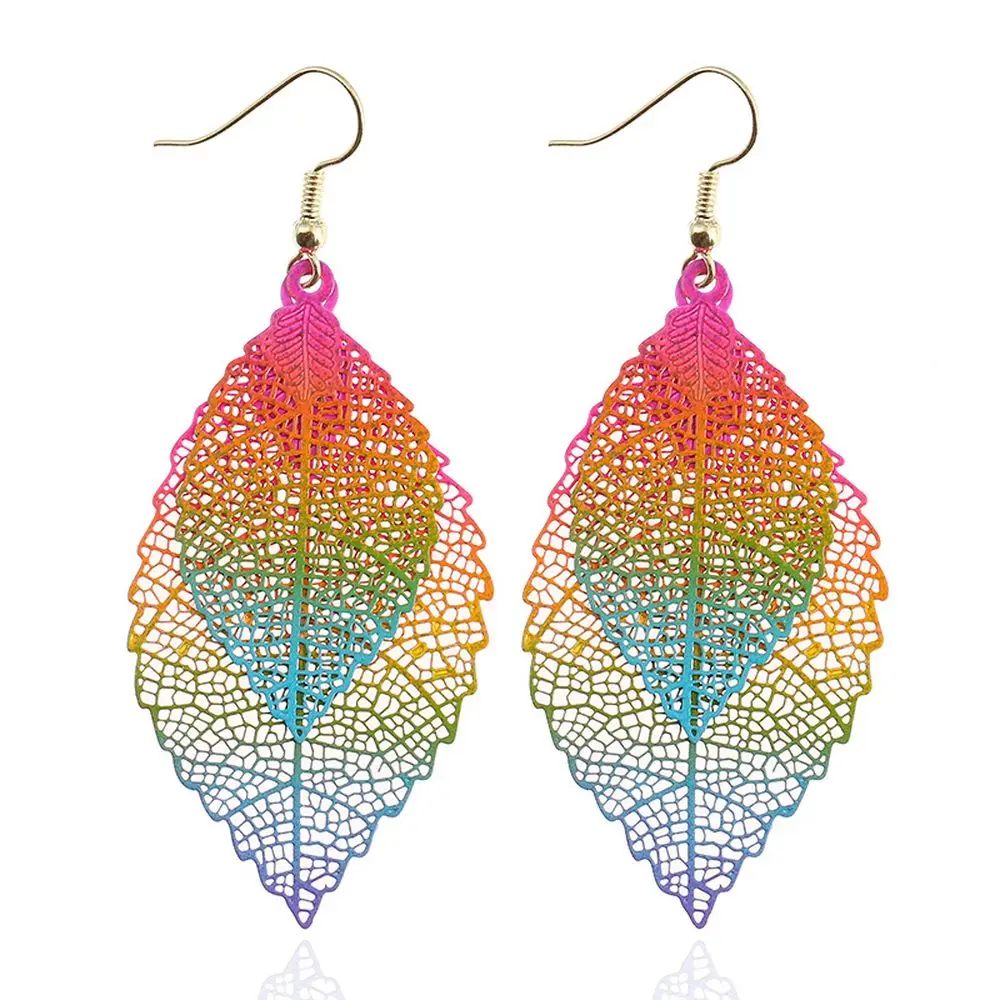 

2019 Fashion Jewelry Cheap Price Double Layers Colorful Hollow Alloy Leaf Metal Earring For Women, Same as picture