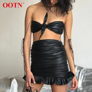 OOTN Party Club Streetwear New 2020 Summer Sexy Slim Ruched Pencil Skirt Ladies Black Ruffle Mini Skirts PU Leather Women Skirt