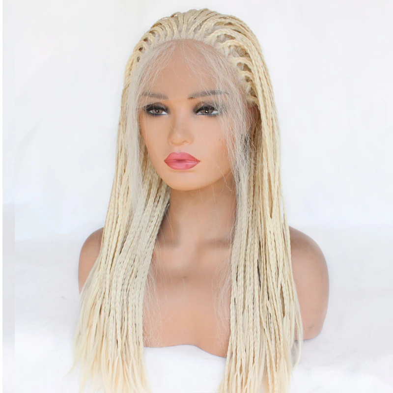 

Braided Lace front Wigs with Baby Hair 613 Blonde Hair Synthetic Heat Resistant Long Braids Wig Glueless Half Hand Tied