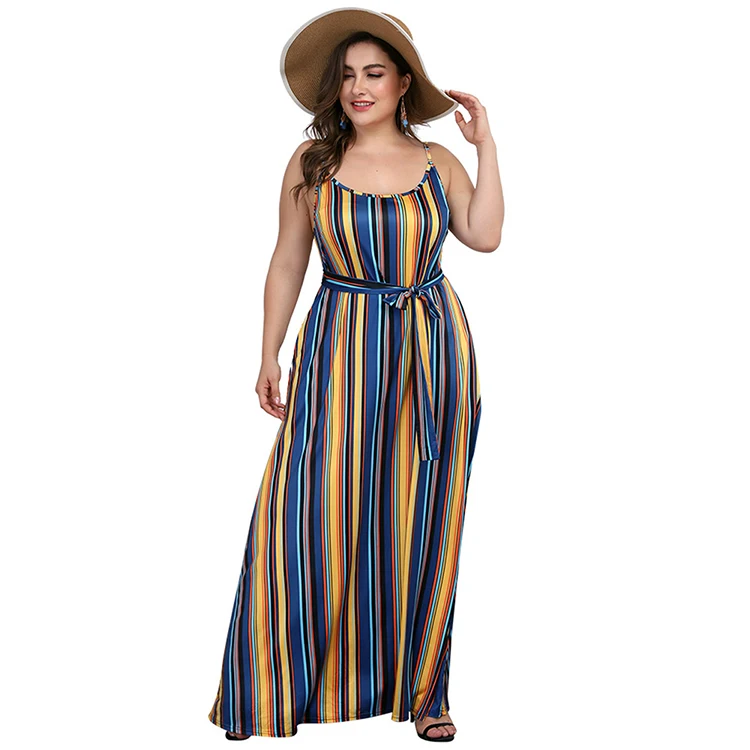 

Daring Sling Stripes Waist Tie Maxi Dress Sexy Plus Size Women Casual Dress, As shown