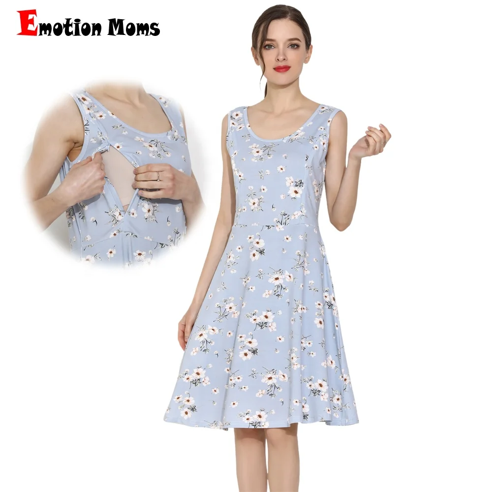 

2020 Emotion Moms Summer Maternity Wear Cotton Stretch Floral Breastfeeding Dress Sleeveless Lactation Dress S-XXL