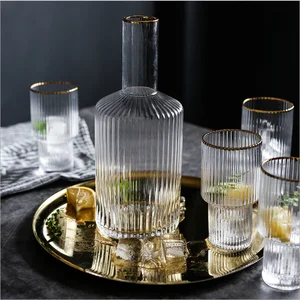 Image of Home Nordic Gold Rim Vertical Wine Glass Set One Pot and Four Wine Glasses