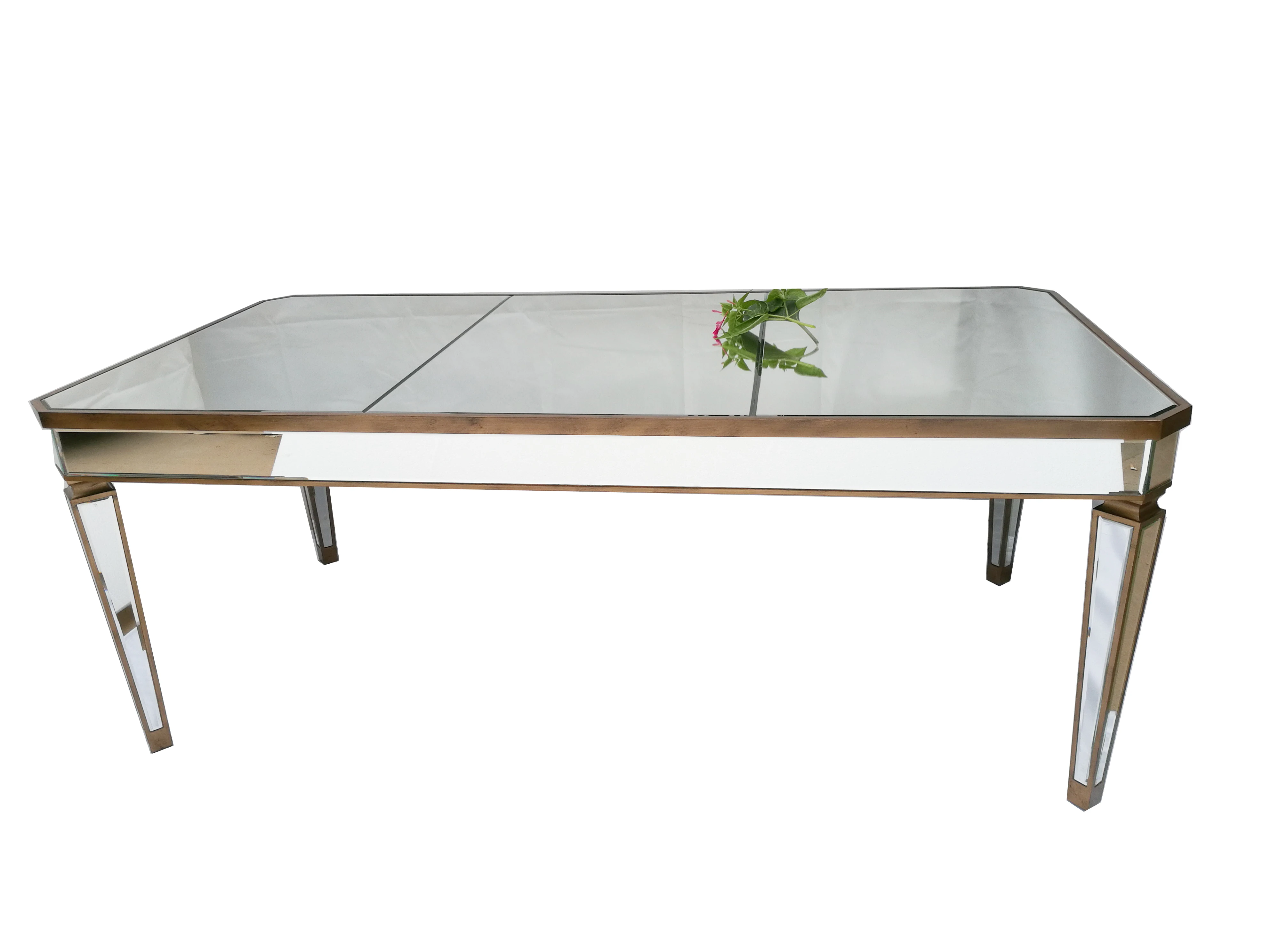 
New Arrival Factory Price 12 Person Antique Gold Wood Trimming Rectangle Mirrored Event Wedding Dining Table Furniture 