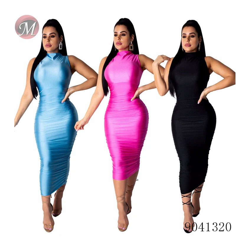 

9041320 Women sleeveless smooth reflective bandage bodycon midi dress