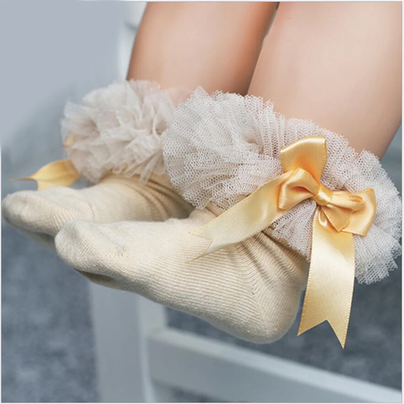 

Baby Girls Socks With Bow Tie Lace Ruffle Princess Cotton Sock with Ribbons Multi Colors Gray Red Black Pink White, As the pictures