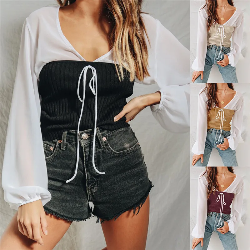 

New women's loose V-neck long-sleeved strap two-piece top, Yellow;black;jujube;apricot