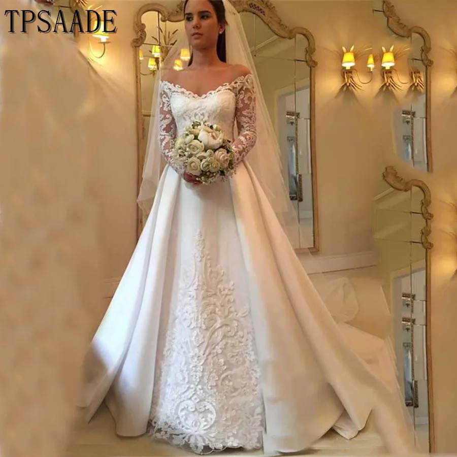 

Luxury Satin Skirt A Line Illusion Lace Off Shoulder Bridal Gown Long Sleeve Floor-Length Wedding Dress 2020 Vestido de novia, Ivory as picture