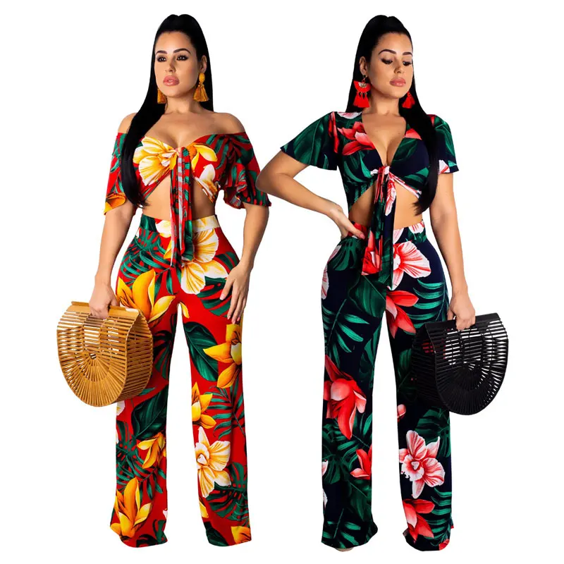 

90325-MX14 Fashion Flower Print Wide Leg Loose Jumpsuits For Ladies