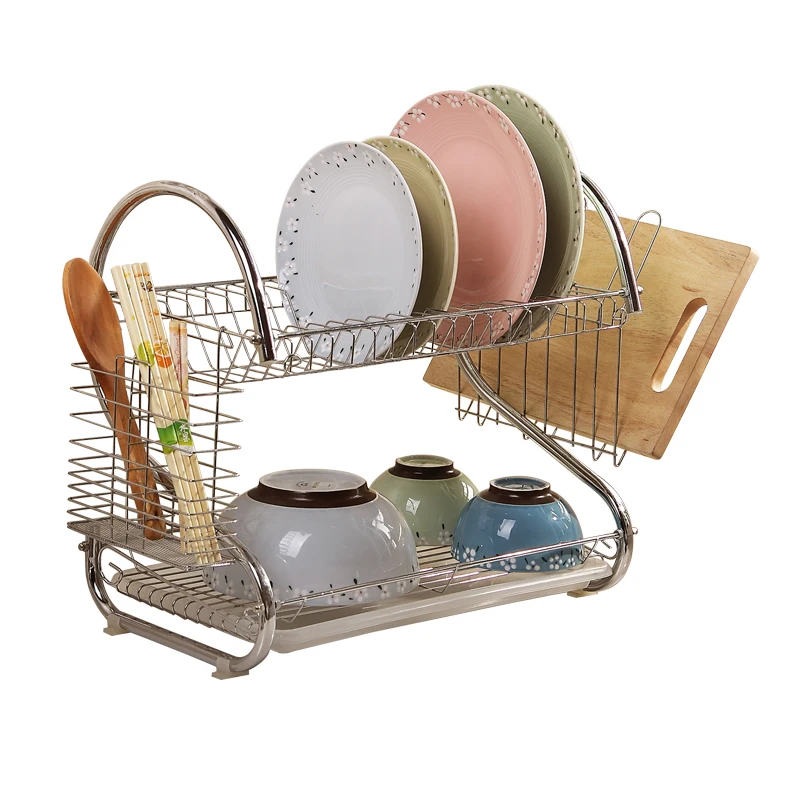 

S-Shaped Dish Rack Set 2-Tier Chrome Stainless Plate Dish Cutlery Cup Rack With Tray Steel Drain Bowl Rack Kitchen Shelf