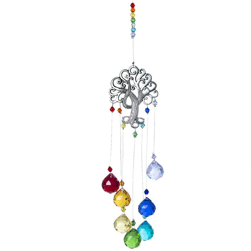 

H&D Crystal Suncatcher Chakra Colors Balls Prism Tree of Life Window Hanging Pendant Rainbow Sun Catcher Christmas Home Decor