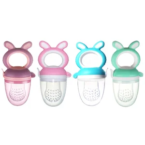 Image of rabbit shape infant feeder non-toxic Silicone baby chew fruit teether with pouch