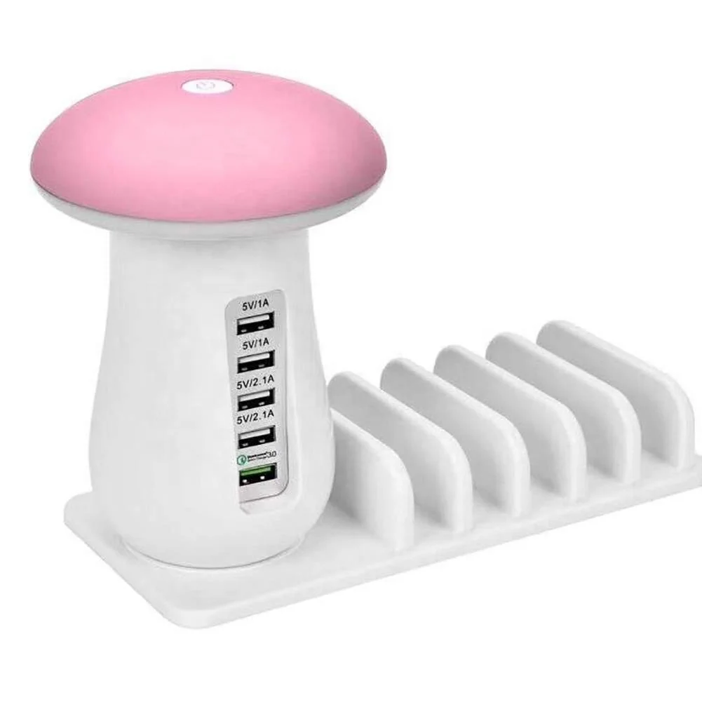 

5-Ports USB Fast Charging Station, Desktop QC 3.0 5 USB ports Charging dock with Mushroom LED Desk Lamp, Grey/pink