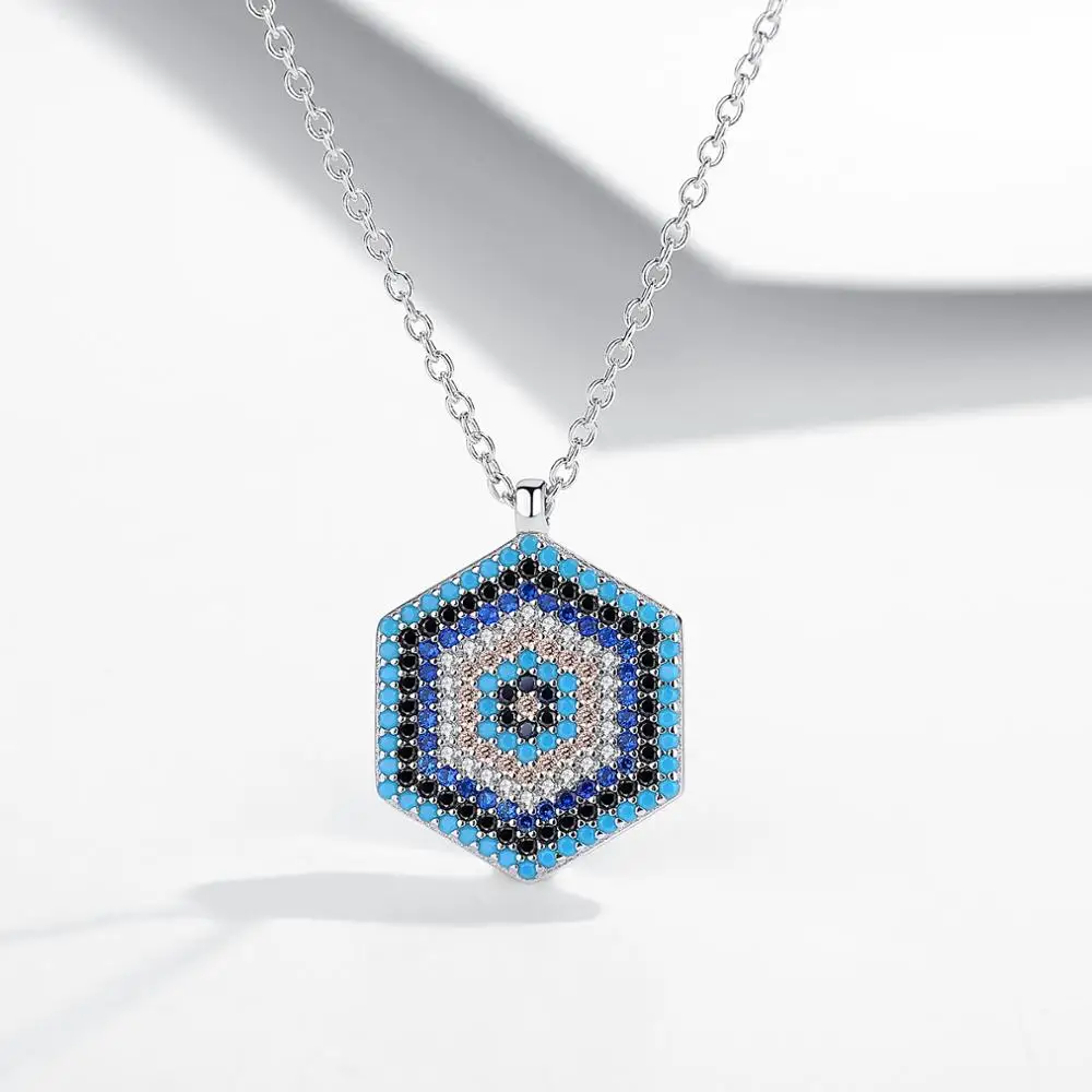 

Wholesale Hot Selling 925 Sterling Silver Necklace Jewelry Polygon Lucky Blue Eyes Pendant Necklace For Women Party Jewelry Gift
