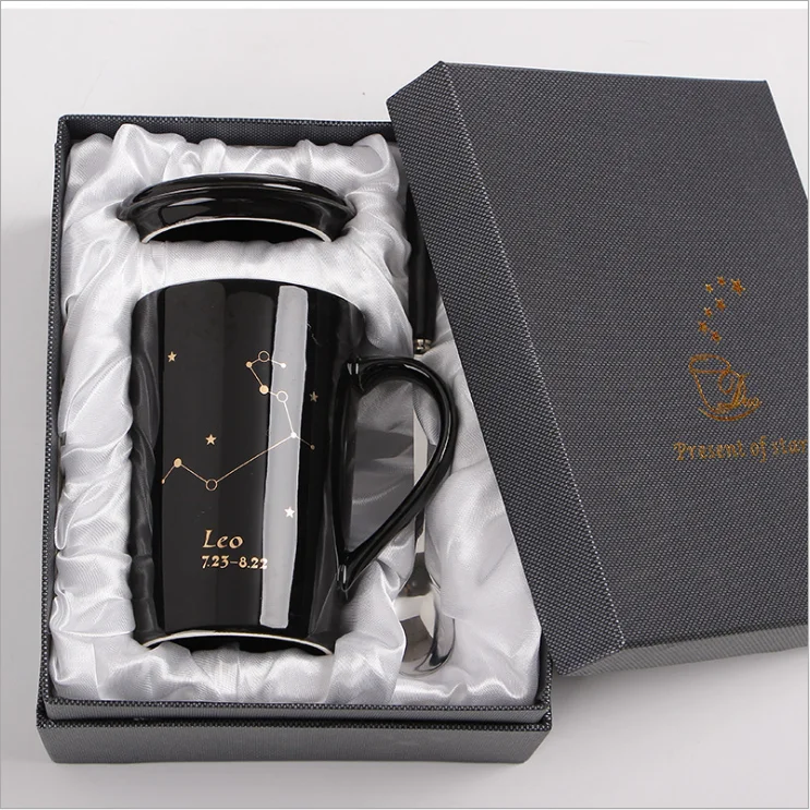 12 styles 400ml gift box tea star Coffee Milk black ceramic Constellation Mug gift with handle Spoon Lid