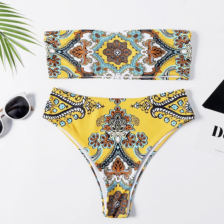 

Custom Ethnic Floral strapless Bikini Set, Accept customized