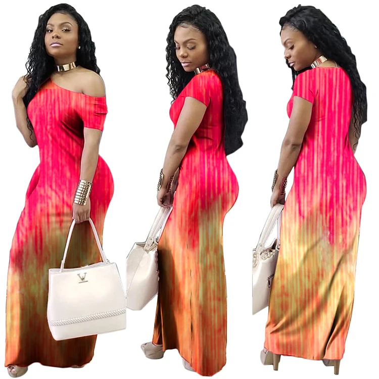 Sloping Shoulder Short Sleeve Colorful Camouflage Long Dress Casual European American Women Summer Dress