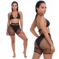 

Hot Sale Black 3 Pieces Swimsuit Triangle Top High Rise Bottom Boyshort Mesh Cover Up Pant Swimwear