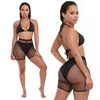 Hot Sale Black 3 Pieces Swimsuit Triangle Top High Rise Bottom Boyshort Mesh Cover Up Pant Swimwear