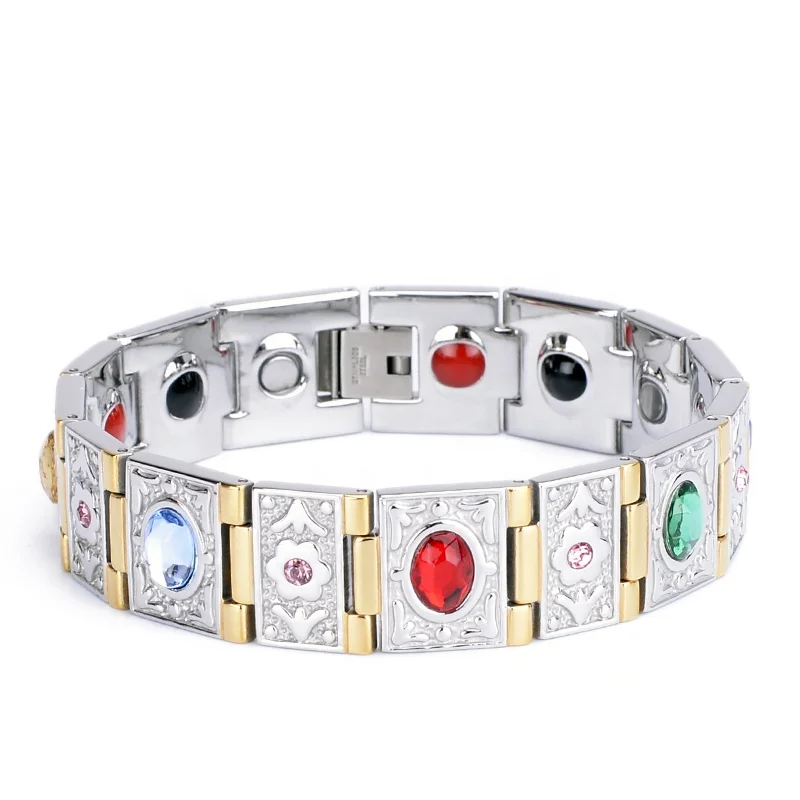 

Magnetic Bracelet Neodymium Magnets Stainless Steel Jewelry with Color Diamond, Gold+silver