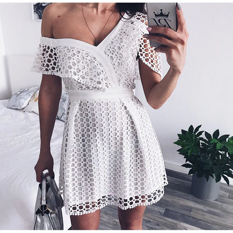 

Wholesale White Crochet Lace romper women lace-up off shoulder dress