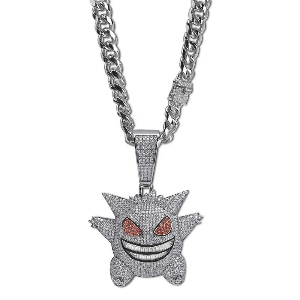 

New Hip Hop Iced Out Super Big Gengar Charm Pendant Necklace With 12mm Cuban Chain men women pendant necklace, Silver/gold/purple