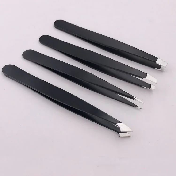 

Travel private label lash extension fine extra fine point black color makeup stainless steel slant tip eyebrow tweezer set, Black/pink/sliver